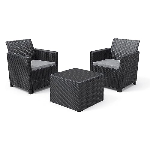 Keter - Set Claire Adatto Per Il Balcone E Terrazzo Composta Da 2 Poltrone Con Cuscini Inclusi E Tavolo Contenitore Con Effetto Legno, Set Realizzato