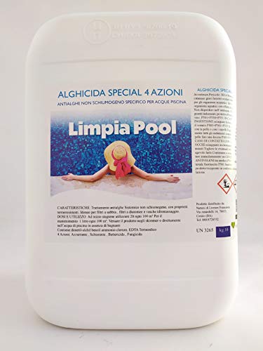 Limpia Pool 10 Kg Antialghe Sistemico Alghicida 4 Azioni Azzurrante, Schiarente, Battericida, Fungicida Non Schiumogeno Mantenimento Piscina Made In I