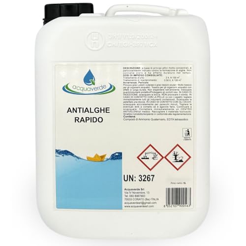 Acquaverde | Antialghe Rapido Liquido, Alghicida Concentrato Non Schiumogeno Contro La Formazione Delle Alghe E Per Mantenimento Acqua Di Piscina, 5 K