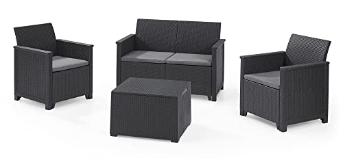 Keter Emma Lounge Set, Mobili Da Giardino Con Divano 2 Posti, 2 Poltrone E Tavolino, Grafite