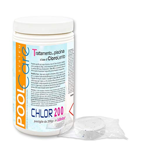 Pool Care Chlor 200 1Kg.-Cloro Pastiglie Piscina Cloro In Pastiglie Blisterate Da 200Gr. (Tricloro 90/200) Attivo Al 90% Sanificante A Lenta Dissoluzi