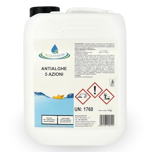 Acquaverde | Antialghe 5 Azioni Liquido, Multifunzione Non Schiumogeno, Trattamento Acqua Di Piscina Con Effetto Alghicida, Inglobante, Flocculante, A