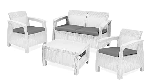 Keter Corfu Lounge Set Mobili Da Esterno In Rattan Con Divano 2 Posti 2 Poltrone E Tavolino, Bianco, 50X168X75 Cm
