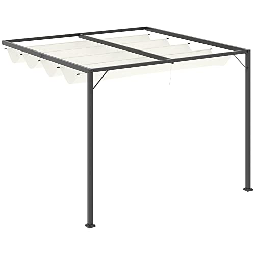Outsunny Gazebo Pergola 3X3M Da Giardino In Metallo Con Tettuccio Scorrevole Bianco Crema, Pergola Da Giardino A Parete