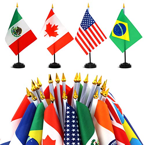 Anley 24 Countries Deluxe Desk Flags Set - 8 X 5 Inches Miniature American Us Desktop Flag With 13" Black Pole - Vivid Color And Fade Resistant - Come