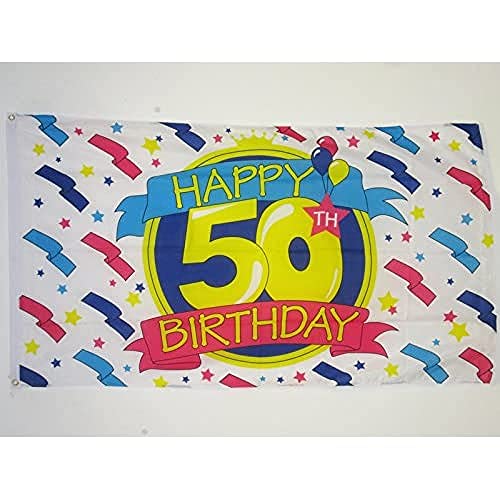 Az Flag Bandiera Buon Compleanno 50 Anni 150X90Cm - Bandiera Auguri Anniversario - Happy Birthday 90 X 150 Cm