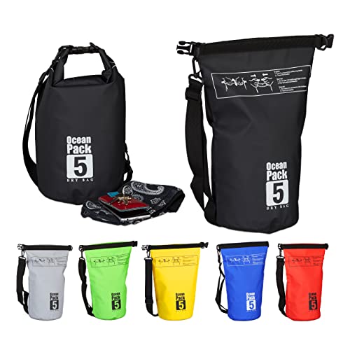 Relaxdays 10022782_46 Zaino Impermeabile Ocean Pack 5L Borsa Stagna Ultraleggera Sacca Dry Bag Da Kajak Vela Sci Snowboard Nero