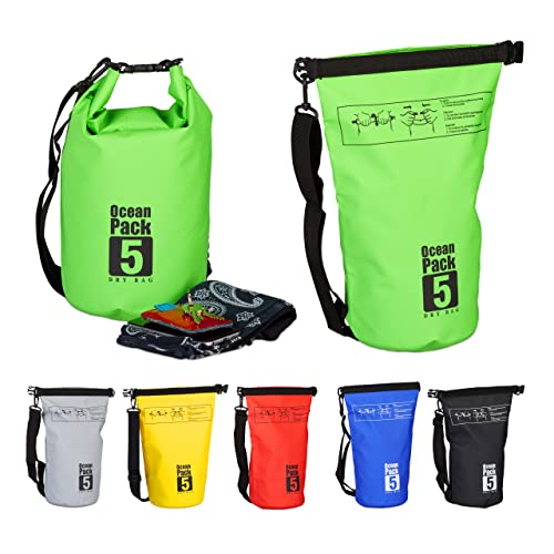 Relaxdays 10022782_53 Zaino Impermeabile Ocean Pack 5L Borsa Stagna Ultraleggera Sacca Dry Bag Da Kajak Vela Sci Snowboard Verde