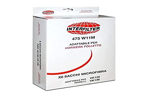 Interfilter Sacchetti Per Aspirapolvere Vorwerk Folletto Vk135 Vk136, In Carta, Antiodore, Extra Capienti, 6 Pezzi (35600866)