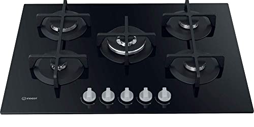 Indesit Ing 72T/Bk Piano Cottura 5 Fuochi Gas Griglie Ghisa Vetro Nero Ing72T/Bk