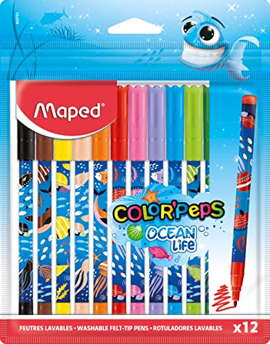 Maped - Pennarelli Ocean Life - 12 Pezzi - Punta Media Da 2 Mm - Perfetto Per Disegnare E Dipingere - Punta Resistente (Non Bloccata) - Colori Vivaci 