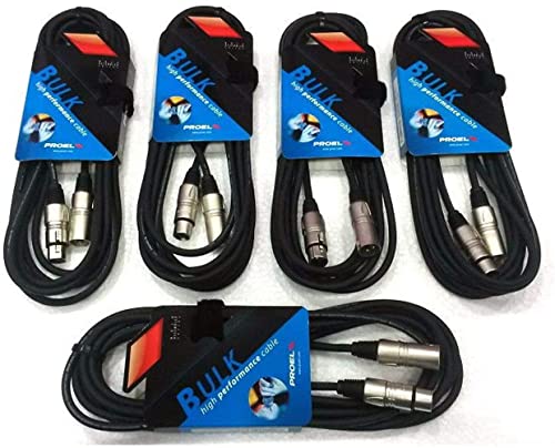 Proel Bulk250Lu15 - Set Da 5 Cavi Audio Bilanciati Professionali Con Connessioni Cannon Xlr 3P Maschio A Cannon Xlr 3F Femmina Da 15Mt, Nero (Bulk250L