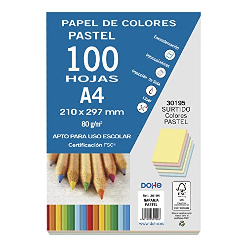 Dohe (30195)-Confezione Da 100 Fogli, Colori Pastello, Formato A4,/80 G (30195), Modelli/Colori Assortiti, 1 Pezzo