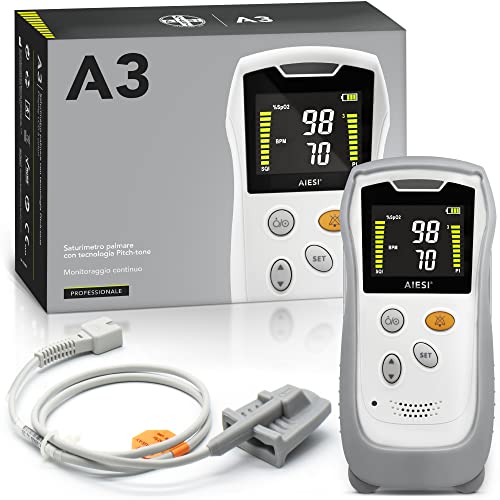 Aiesi® Saturimetro Da Dito Palmare Professionale Con Display A Colori E Sonda Anti-Movimento Per Adulti A3, Estremamente Preciso, Guscio Di Protezione