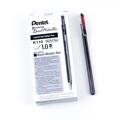 Pentel K110 Roller Hybrid Dual Metallic Effetto Doppio Colore Nero + Rosso Metallizzato 12 Pz