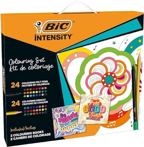 Bic Intensity Set Cancelleria Colore, 24 Pennarelli Colorati Intensity,24 Matite Colorate Intensity, 2 Libri Da Colorare, 50 Unità, Kit Creatività