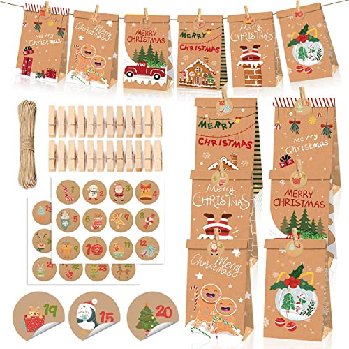 Calendario Avvento Fai Da Te,Calendario Dell'Avvento,24 Sacchetti Regalo Di Carta Natalizia,24 Clip,Calendario Avvento Con Adesivi Numerici,Sacchetti