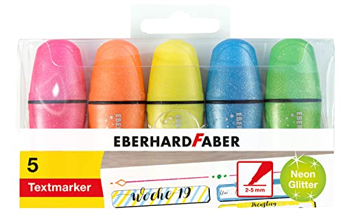 Eberhard Faber 551408 - Mini Evidenziatori Di Testo Con Punta A Cuneo, 5 Evidenziatori In Colori Neon Con Effetto Glitter, Evidenziatore Per Scuola, U