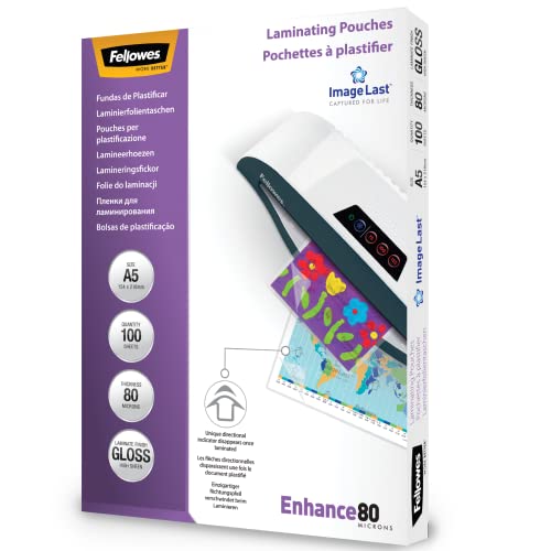 Fellowes Fogli Per Plastificatrice A5 Enhance80, Buste Per Plastificatrice Formato A5, 80 Micron, Confezione Da 100 Pouches Per Plastificare