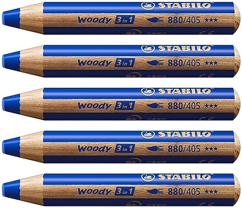 Matita Colorata Multi-Funzione - Stabilo Woody 3 In 1 - Confezione Da 5 - Blu Oltremare