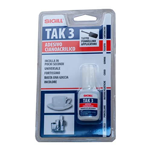Sigill, Tak 3, Adesivo Cianoacrilico Con Pannellino Applicatore, Indurisce Incollando In Pochi Secondi Su Tutti I Materiali Non Porosi, Universale, Ba