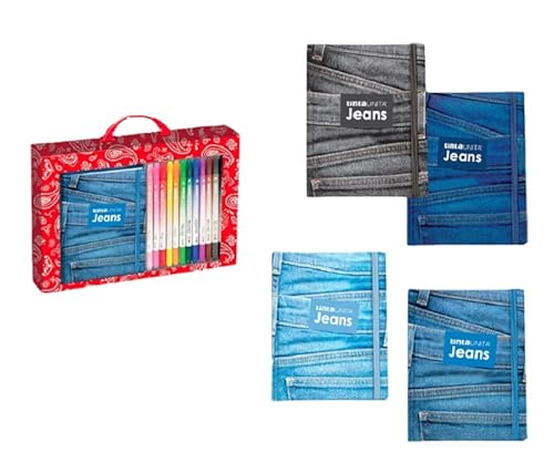 Tinta Unita Set Regalo Notebook +12 Brush Pen Jeans (Blu O Nero 1 Pezzo Random)