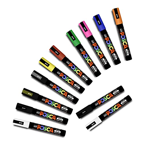 Posca Set Professionale Di 12 Pennarelli Uni Posca, Gamma Pc-5M, Include Extra Nero E Bianco