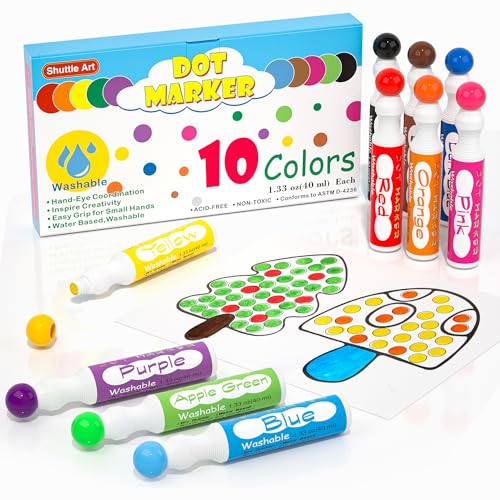 Shuttle Art 10 Colori Dot Pennarello Lavabile, Non Tossico, Dot Marker Per Bambini Educazione Precoce, Bingo Dabber Per Creazione Con 1 Libro Da Color