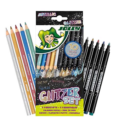 Jolly Set Di Matite Colorate Glitzers Con 10 Matite Colorate Metallizzate E Glitter, 5 Pittori A Fibre Metalliche E 5 Matite Colorate Metallizzate, Al