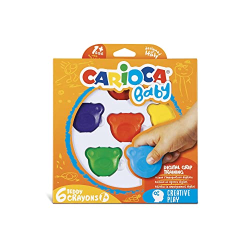 Carioca Pastelli Baby Teddy Crayons, Scatola Di 6 Pastelli Colorati A Forma Di Orsetto, Pastelli Per Bambini Dai 12 Mesi, 6 Pezzi