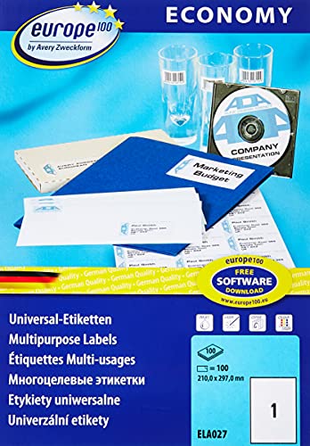 Avery Zweckform Ela027 E100-Etichette Per Fotocopiatrice, 210 X 297 Mm, 100 Fogli Per Stampante A Getto D'Inchiostro, Laser E Fotocopiatrici