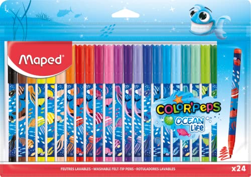 Maped - Pennarelli Ocean Life Color'Peps - 24 Pennarelli Da Colorare Divertenti E Originali Decorati Oceano - Inchiostro Lavabile - Punta Media Ogive
