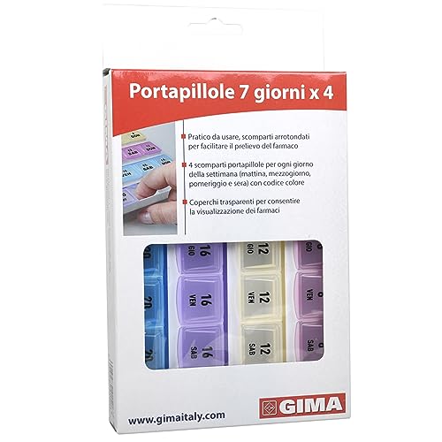 Gima Portapillole Settimanale, A 7 Scomparti Con I Giorni In Italiano E 4 Spazi Distinti Di Colore Diverso Per Mattino, Mezzogiorno, Pomeriggio E Sera