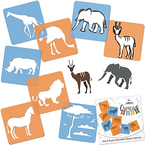 Nakleo 8 Pezzi Stencil Da Disegno Per Bambini - 15X15Cm (6X6 Pollici) - Savanna Animals - Plastica Lavabile E Riutilizzabile - Set Di Sagome Per Arte