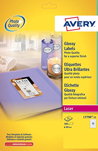 Avery Italia L7790-25 Etichette Lucide, Rotonde, 12 Etichette Per Foglio, Diametro 60, 25 Fogli, Diametro 60 Mm