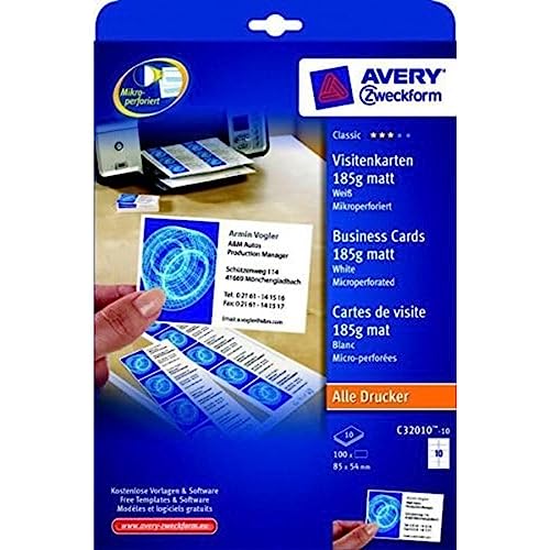 Avery Zweckform Visitenkarten, 85 X 54 Mm, Weiß, 100 Stück, 10 Pezzi