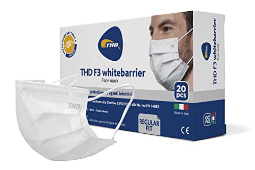 Thd Face Mask F3 Whitebarrier 20 Pezzi, Inodori, Monouso, Ipoallergeniche, Con Marchio Ce, Potere Filtrante Superiore Al 99%, Prodotte In Italia Dall'