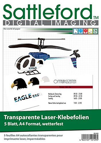 Sattleford Pellicola Stampabile: 5 Pellicole Adesive A4 Per Stampante Laser Trasparente (Pellicola Trasparente Stampata Laser, Pellicola Trasparente P