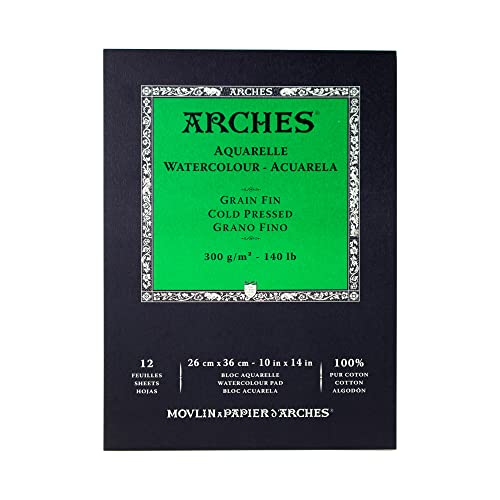 Arches Blocco Per Acquerello Incollato 1 Lato (12 Fogli) - Grana Fina - 300 G/Mq - 26 X 36 Cm