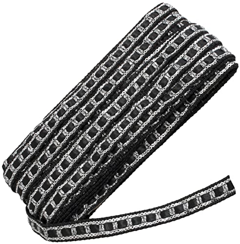 Aerzetix - C60698 - Nastro Striscia Con Paillettes - ~13 Metri X 16Mm - Colore: Nero E Argento - Per Abbigliamento Merceria Hobby Creativo Gonne Ghirl