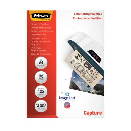 Fellowes Fogli Per Plastificatrice A4 Capture 125 Lucidi, Buste Per Plastificatrice Formato A4, 125 Micron, Confezione Da 25 Pouches Per Plastificare