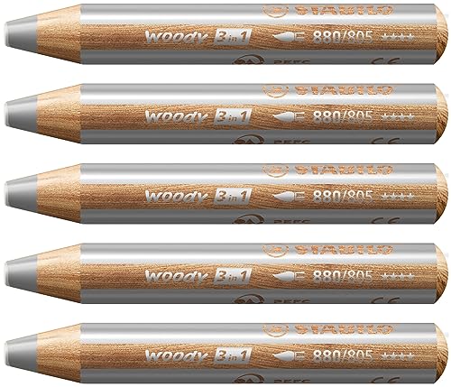 Matita Colorata Multi-Funzione - Stabilo Woody 3 In 1 - Confezione Da 5 - Argento