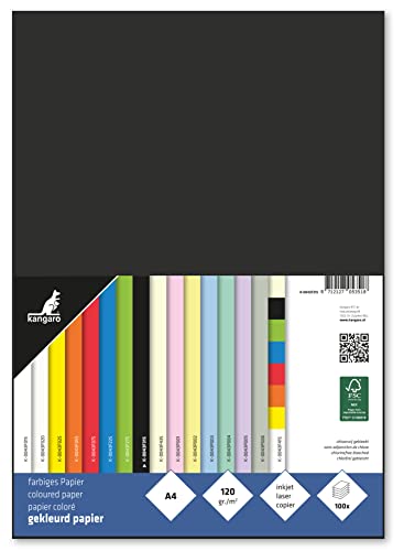 Kangaro - Carta Colorata Nera Din A4 – 120 G/M² Fsc Mix – Confezione Da 100 – Cartoleria Craft Paper K-0043F315, 29,7 X 21 X 1,5