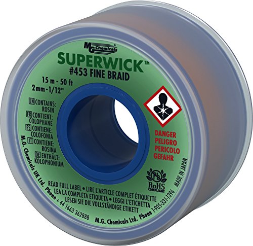 Mg Chemicals 453 Treccia Dissaldante N.3 Treccia Fine Super Stoppino Con Flusso Rma, Lunghezza 50 'X Larghezza 0,075 ", Verde