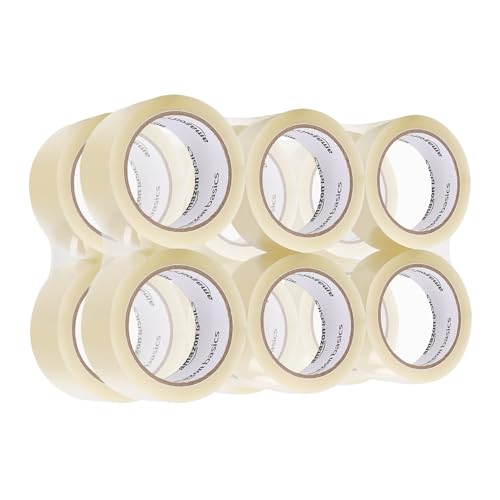 Amazon Basics - Nastro Adesivo Forte Per Imballaggio, 50 Mm X 55 M, Spessore: 2.7 Mil, Trasparente, Confezione Da 12 Rotoli