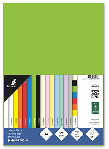 Kangaro - Carta Colorata Verde, Din A4, 120 G/M², Mix Fsc, 100 Pezzi, Carta Da Lettere Fai Da Te, 29,7 X 21 X 1,5, K-0043F275