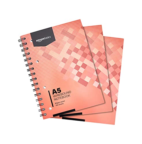Amazon Basics Quaderno Con Rilegatura A Spirale, 100 Fogli, Formato A5, 80 G/M , 200 Pagine, (Confezione Da 3), Rosso