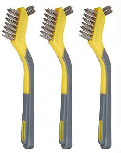 Amazon Basics - Spazzole Mini In Acciaio Con Impugnatura Morbida, 1 Unità ,Confezione Da 3, Grigio/Giallo