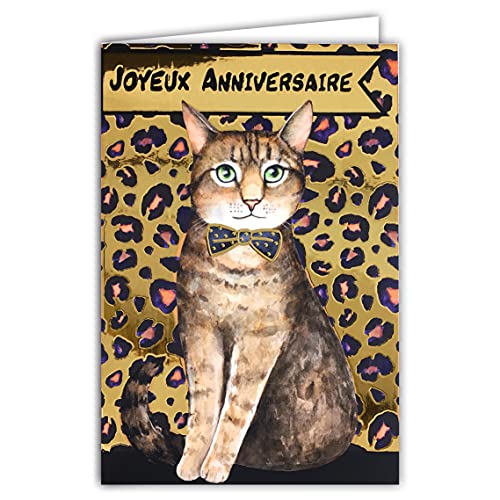 Afie 69-7073 - Biglietto Di Auguri Di Buon Compleanno Con Gatto Leopardo, Con Fiocco A Farfalla, Colore: Nero E Oro Dorato, Per Feste E Auguri, Elegan