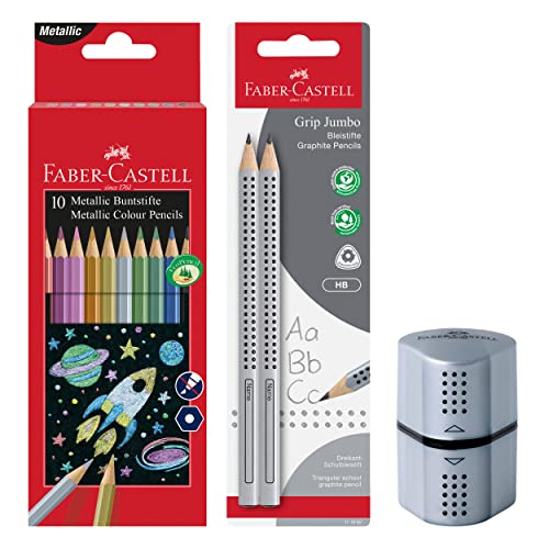 Faber-Castell School 205028 - Set Di Matite Colorate Metalliche, Temperamatite E 2 Matite Jumbo